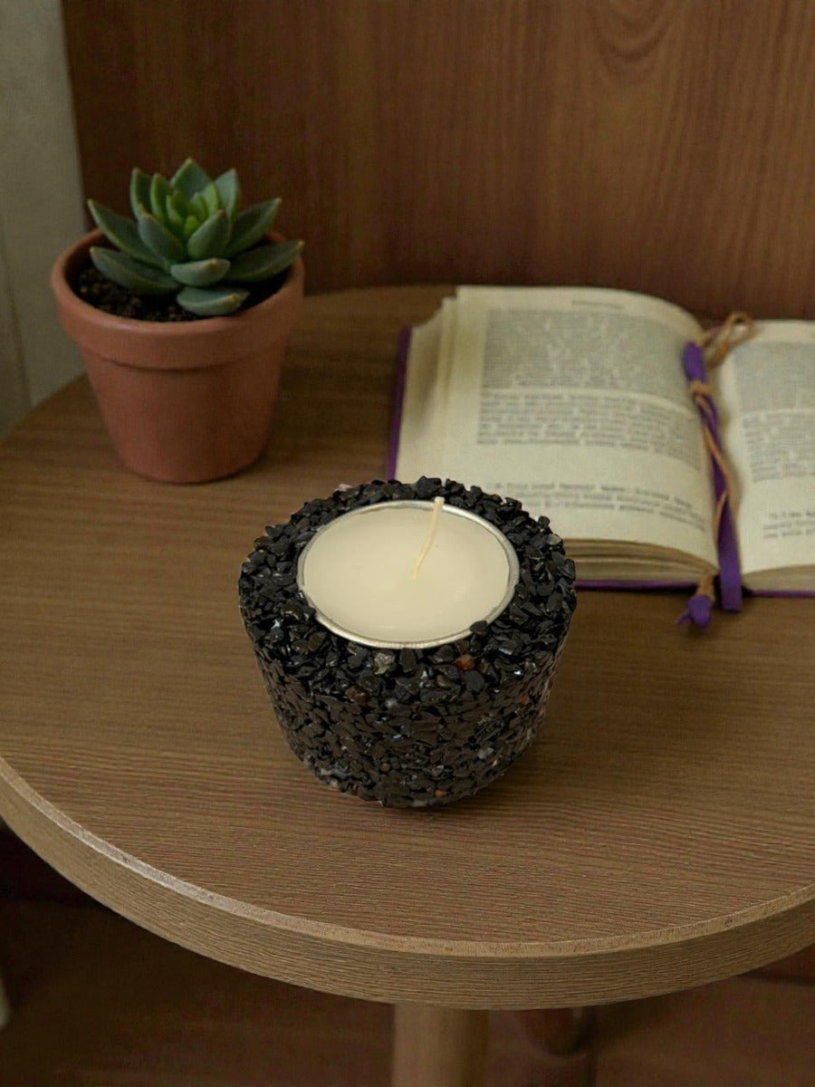 Vela Aromática Pedras Naturais Presente Decorativa Floral - Preto