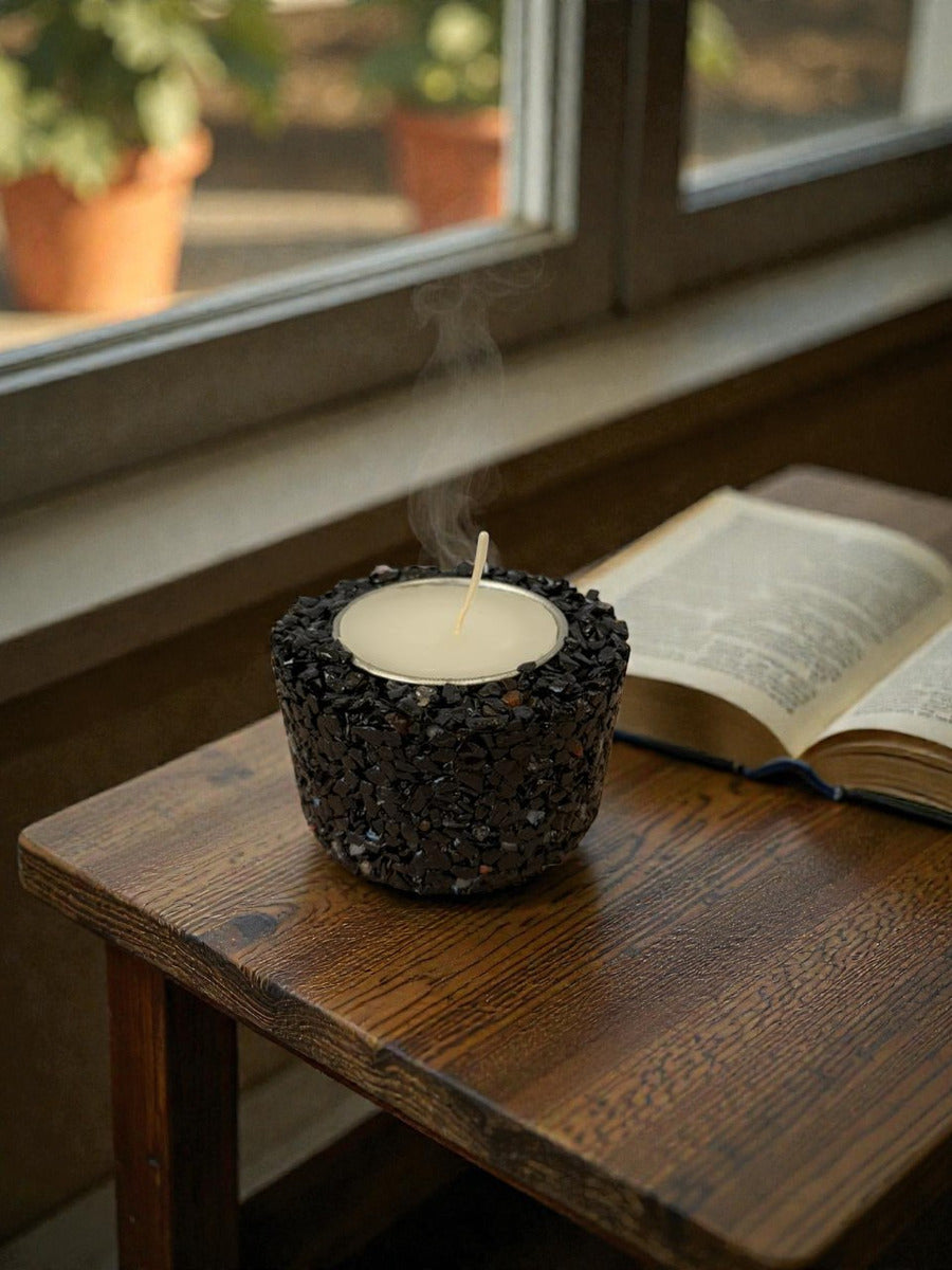 Vela Aromática Pedras Naturais Presente Decorativa Floral - Preto