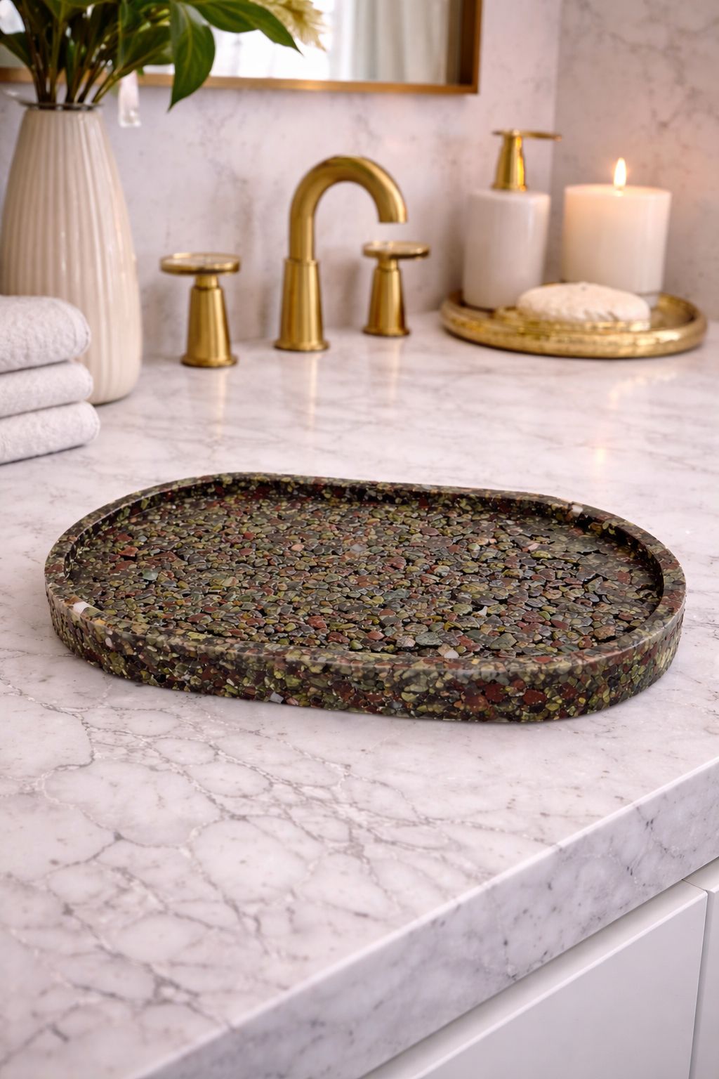 Bandeja Oval Premium Lavabo Banheiro Luxo Quartzo Natural Olho de Dragão