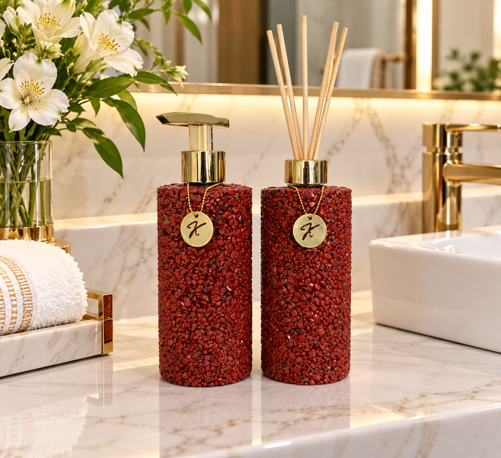 Kit Aromatizador E Saboneteira Luxo em Quartzo Vermelho Africano