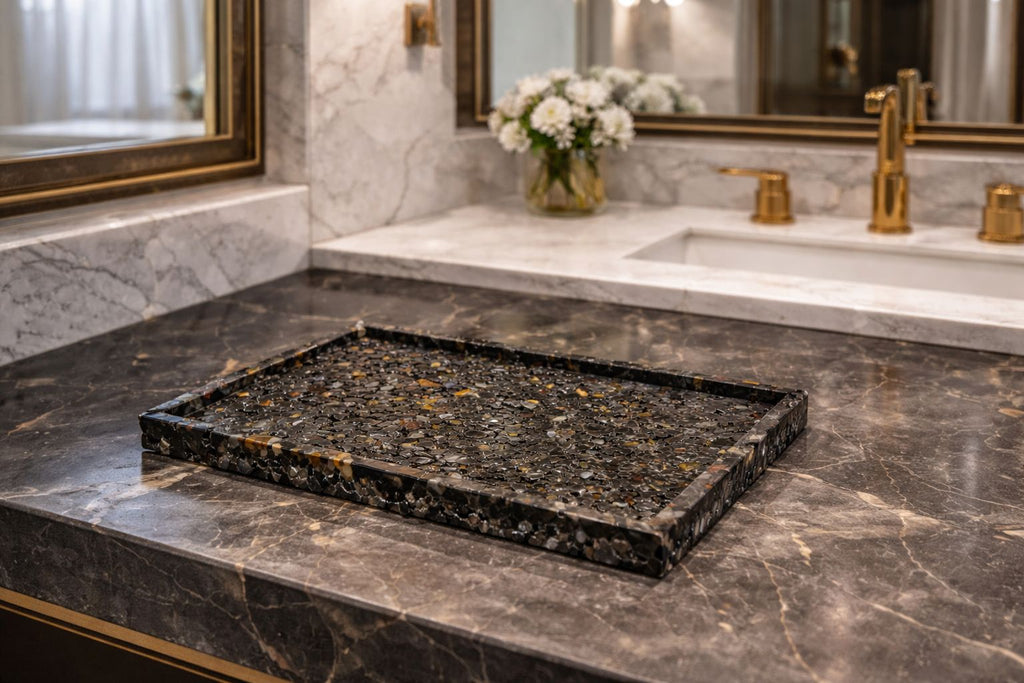 Bandeja De Pedra Para Lavabo Decorativa Quadrada Premium Ágata Negra