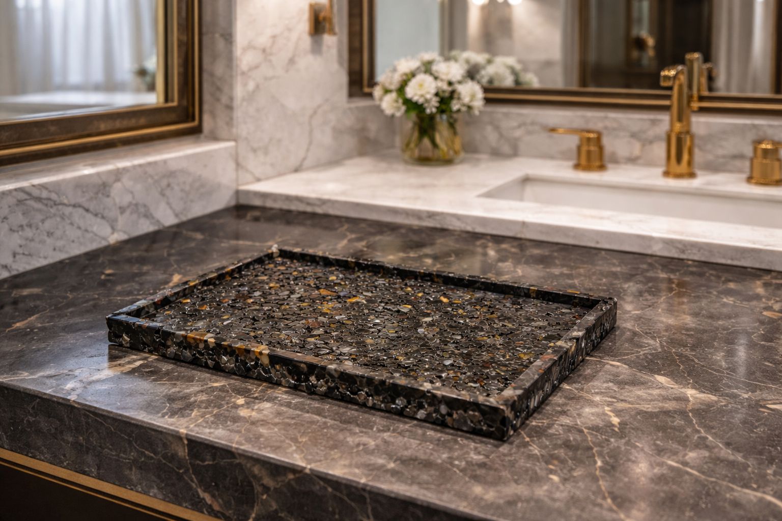 Bandeja De Pedra Para Lavabo Decorativa Quadrada Premium Ágata Negra