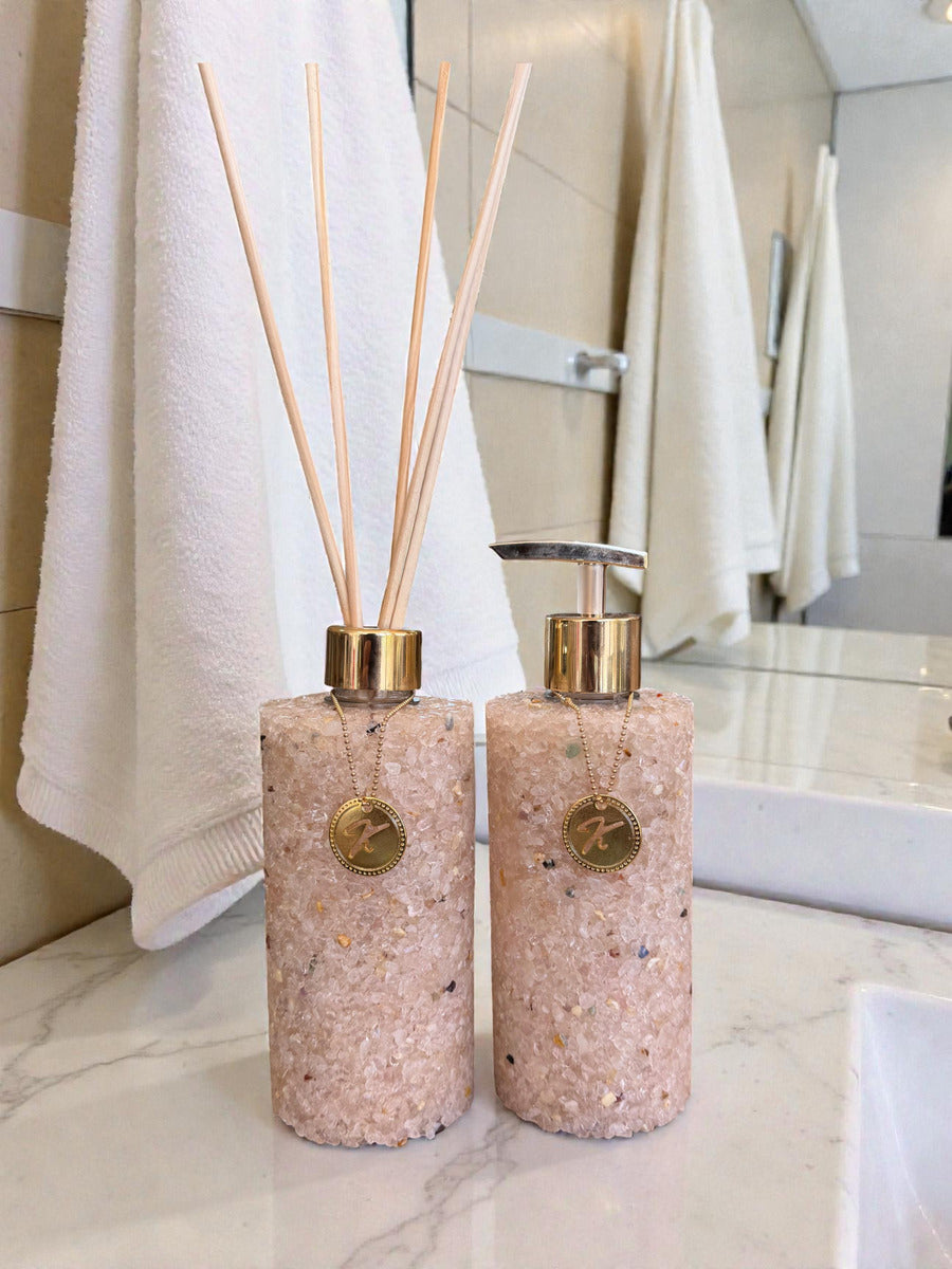 Kit Vidro Aromatizador E Saboneteira Banheiro Quartzo Rosa