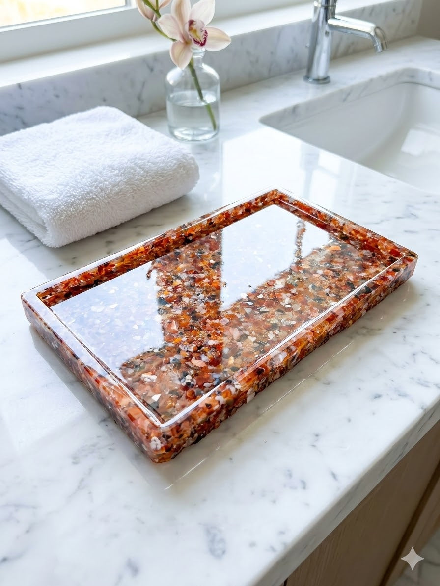 Bandeja De Pedra Para Lavabo Decorativa Quadrada Cor Ágata Vermelha