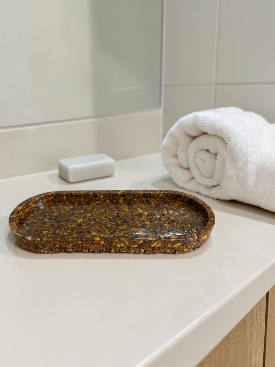 Bandeja De Pedra Trio Para Lavabo Decorativa Oval Grande Cor Olho de Tigre