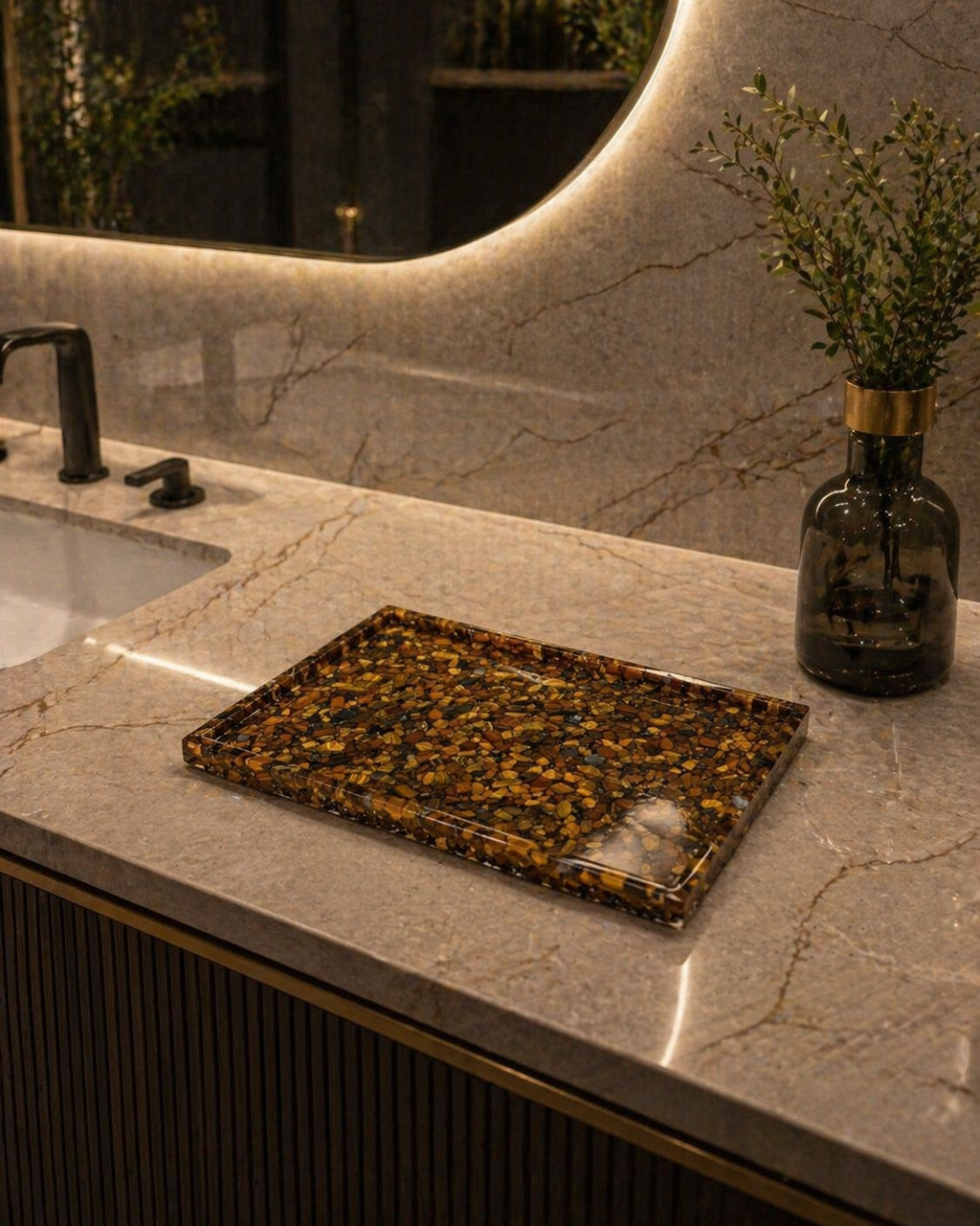 Bandeja De Pedra Para Lavabo Decorativa Quadrada Cor Olho de Tigre