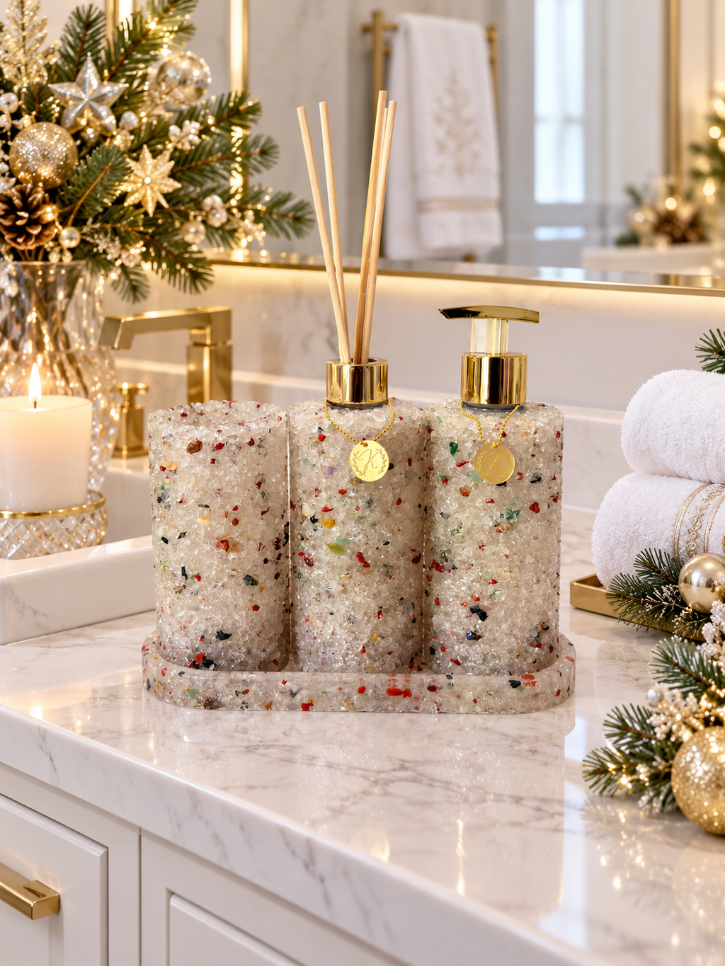 Kit Trio Aromatizador, Saboneteira, Porta Escova e Bandeja Em Pedra Quartzo Cristal de Natal