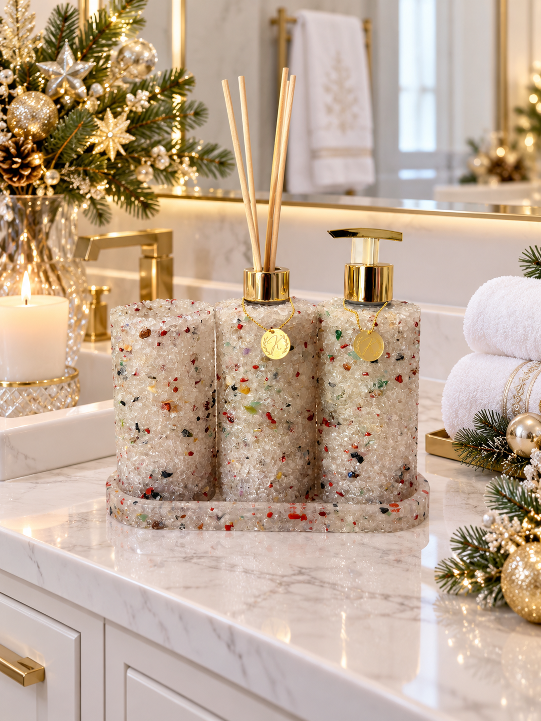 Kit Trio Aromatizador, Saboneteira, Porta Escova e Bandeja Em Pedra Quartzo Cristal de Natal