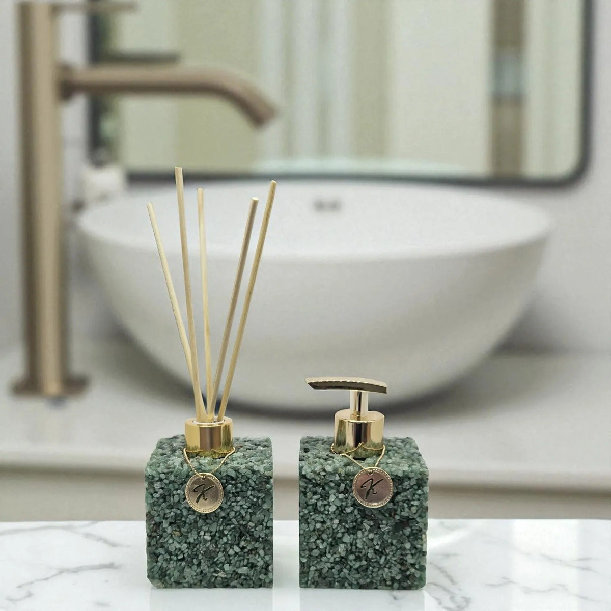 Kit Vidro Aromatizador E Saboneteira Quadrado Quartzo Verde