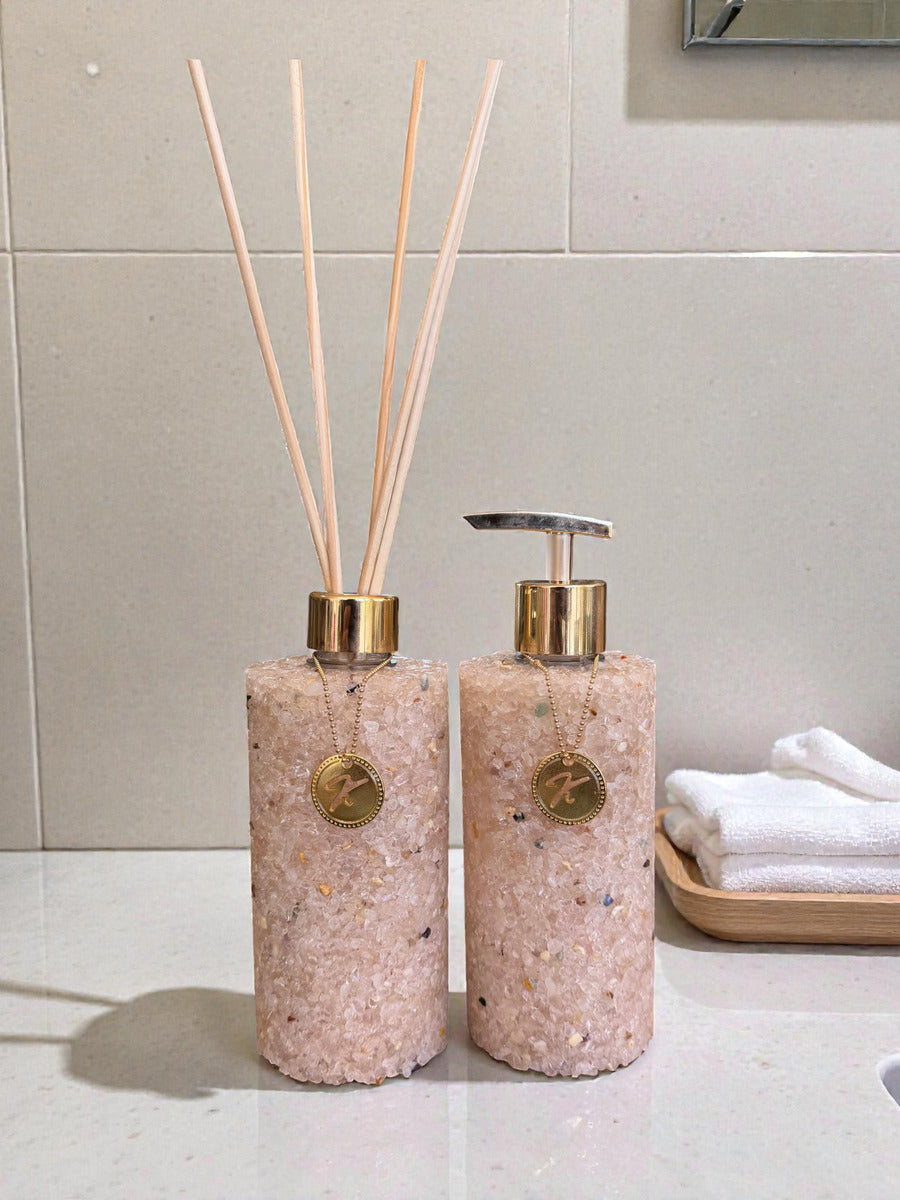 Kit Vidro Aromatizador E Saboneteira Banheiro Quartzo Rosa