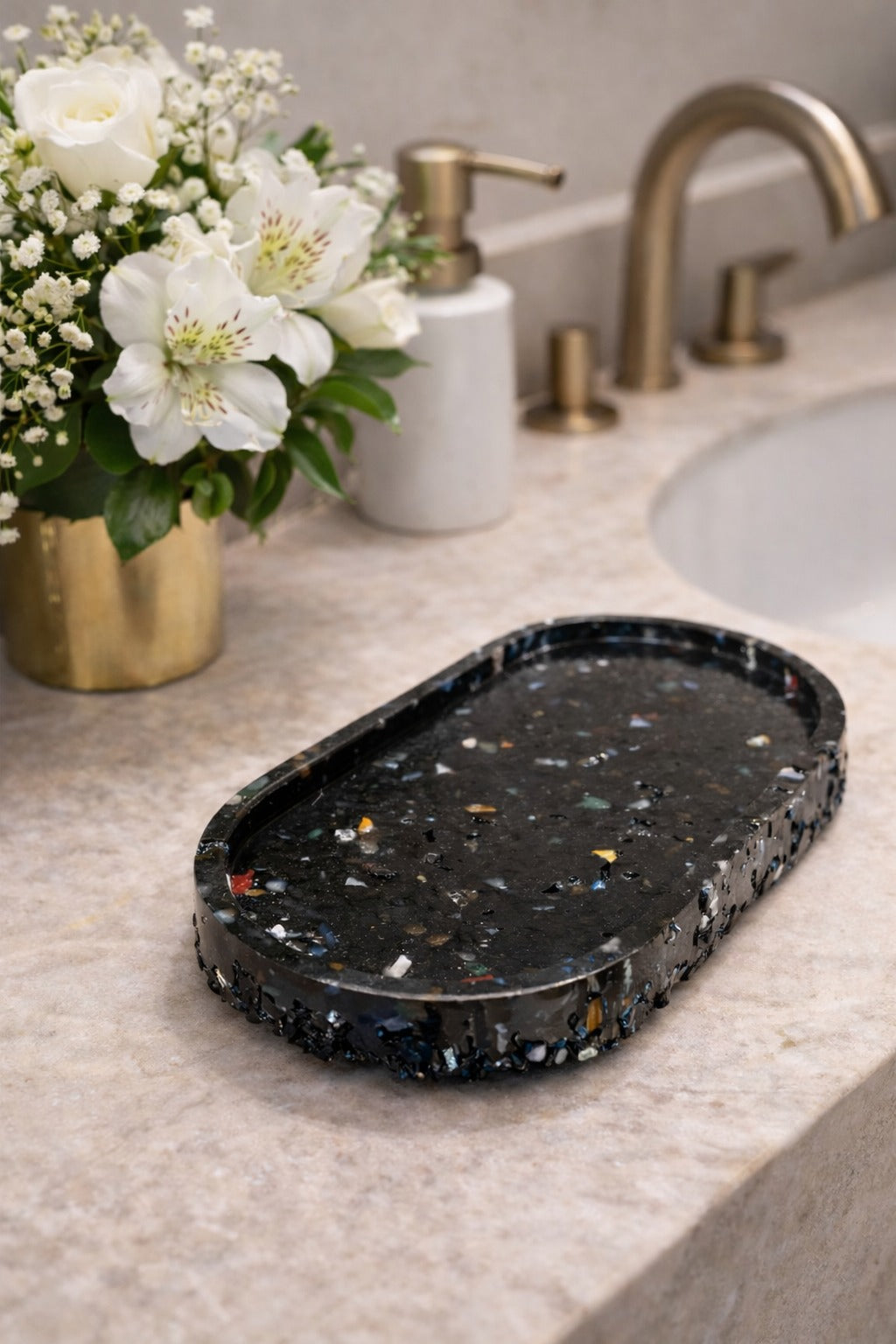 Bandeja De Pedra Trio Para Lavabo Decorativa Oval Grande Cor Pedra Negra
