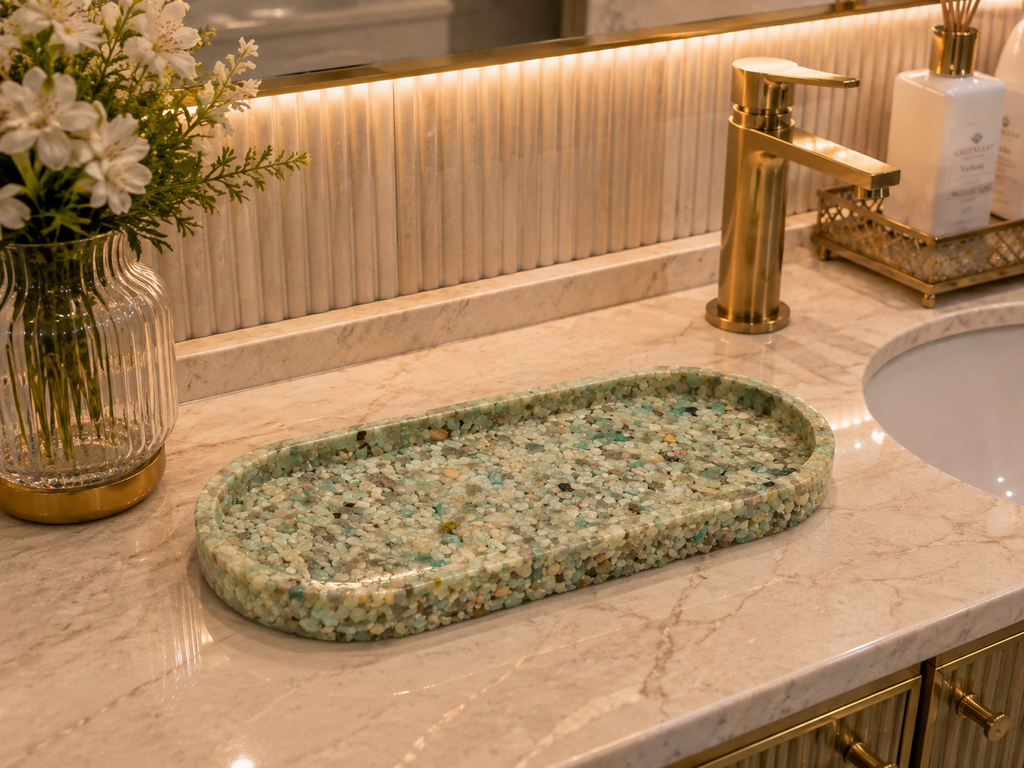 Bandeja De Pedra Trio Para Lavabo Decorativa Grande Premium Verde Tifany