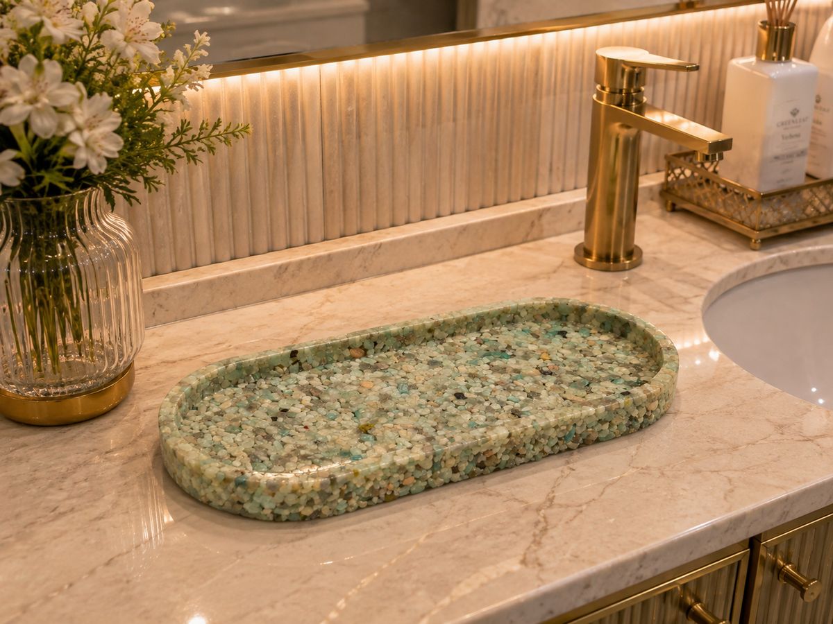Bandeja De Pedra Trio Para Lavabo Decorativa Grande Premium Verde Tifany