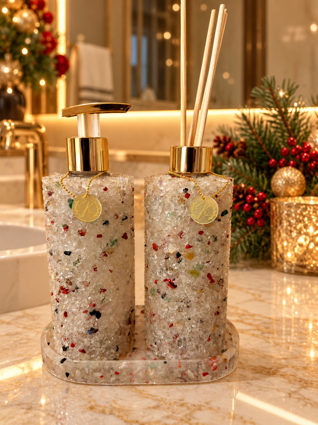 Kit Vidro Aromatizador E Saboneteira Com Bandeja Cristal De Natal