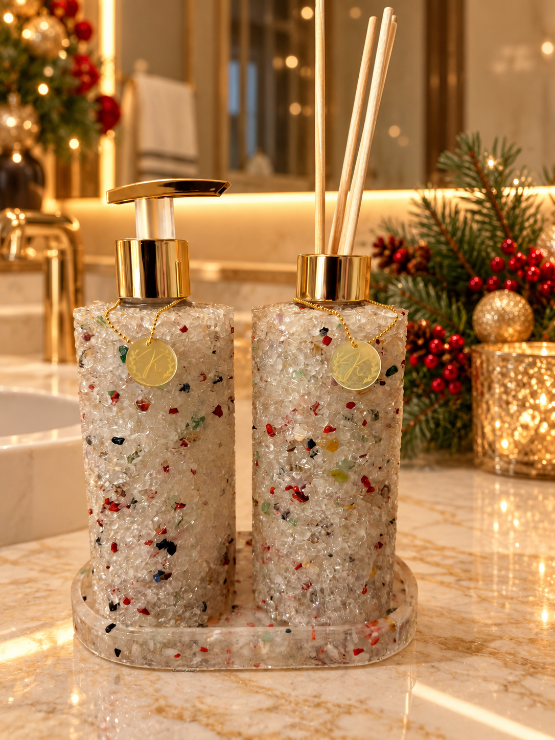Kit Vidro Aromatizador E Saboneteira Com Bandeja Cristal De Natal