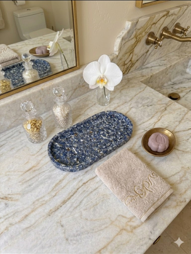 Bandeja De Pedra Trio Para Lavabo Decorativa Oval Grande Cor Azul Sodalita