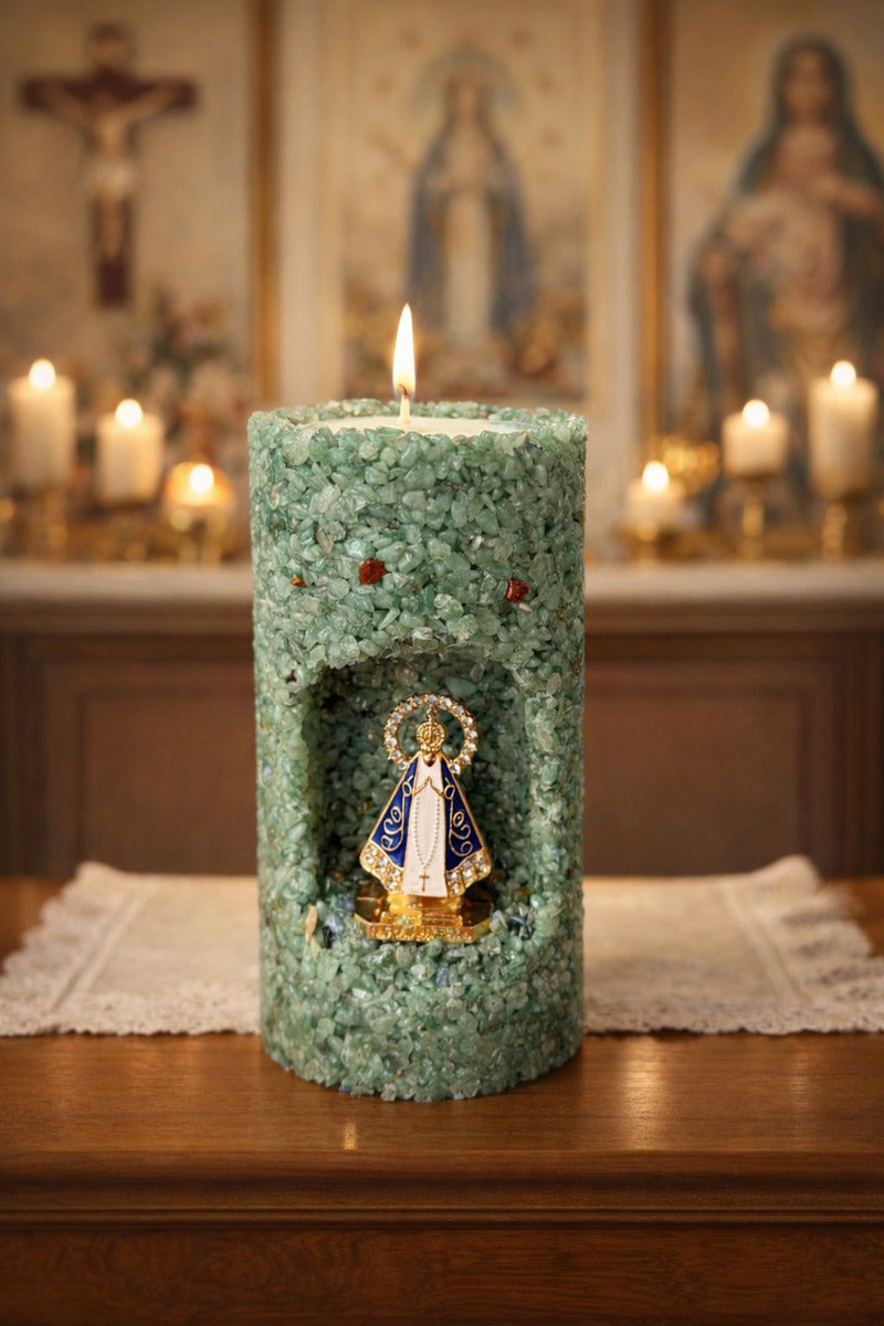 Vela de Nossa Senhora Aromática Decorativas Presente Artesanal Quartzo Verde