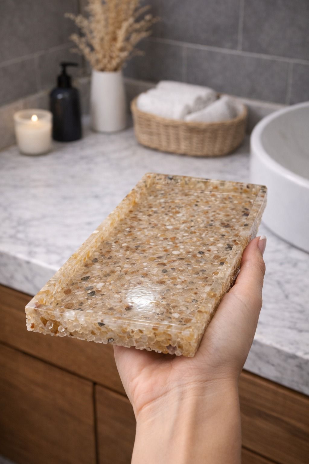 Bandeja De Pedra Para Lavabo Decorativa Quadrada Cor Citrino