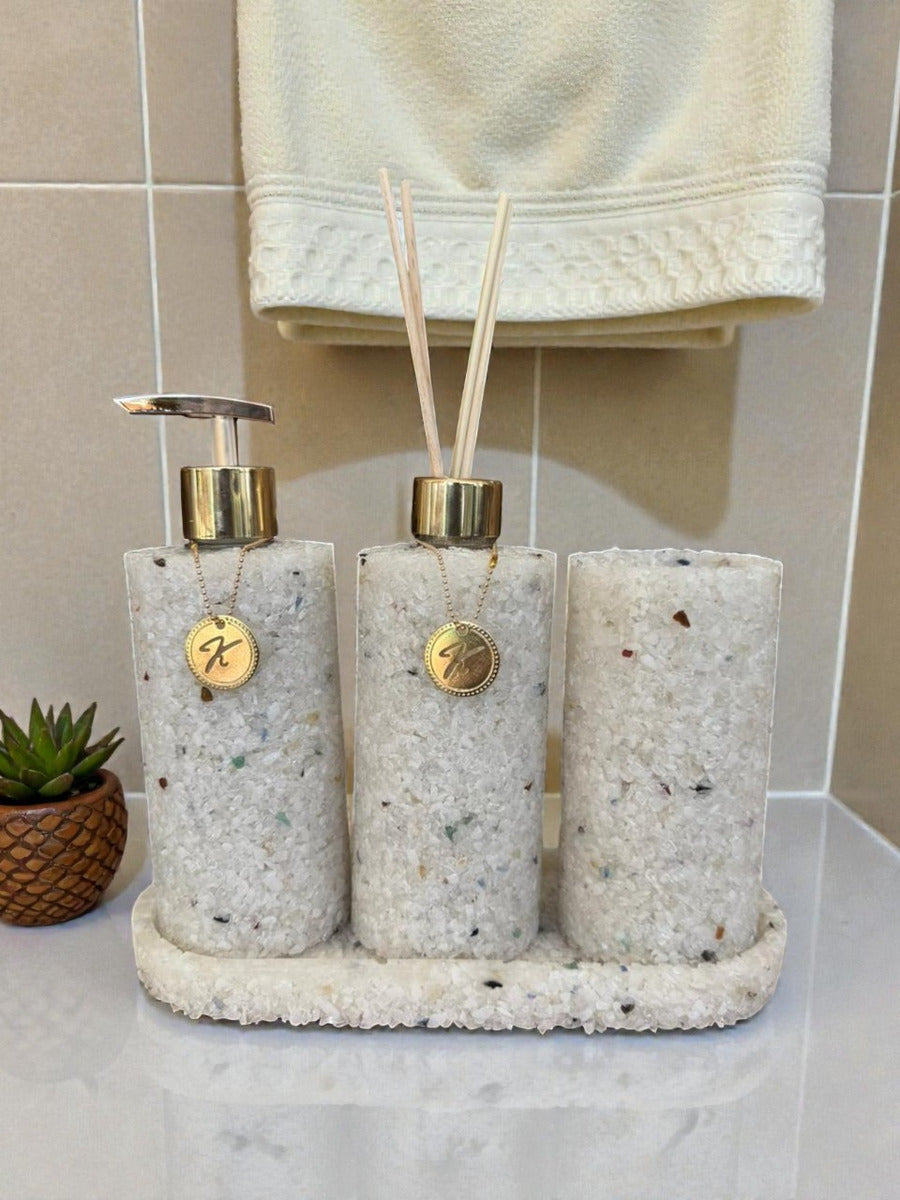 Kit Trio Arom, Sabon, Porta Escova, Bandeja Em Pedra Quartzo Branco
