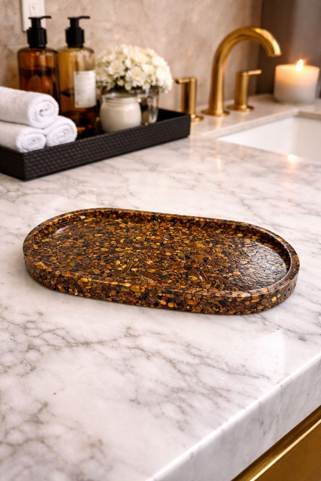 Bandeja De Pedra Para Lavabo Decorativa Oval Cor Olho de Tigre