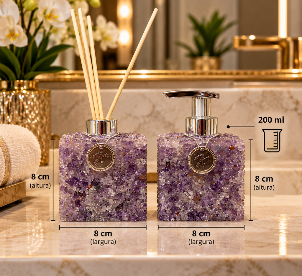 Kit Aromatizador e Saboneteira Quadrado em Quartzo Ametista Cristalino