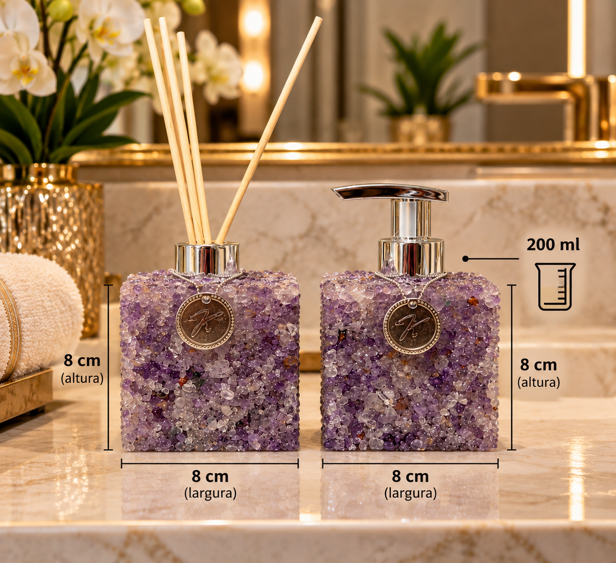 Kit Aromatizador e Saboneteira Quadrado em Quartzo Ametista Cristalino