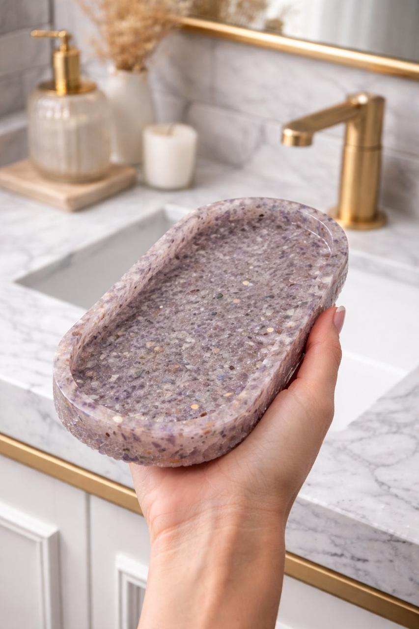 Bandeja De Pedra Trio Para Lavabo Decorativa Oval Grande Cor Ametista