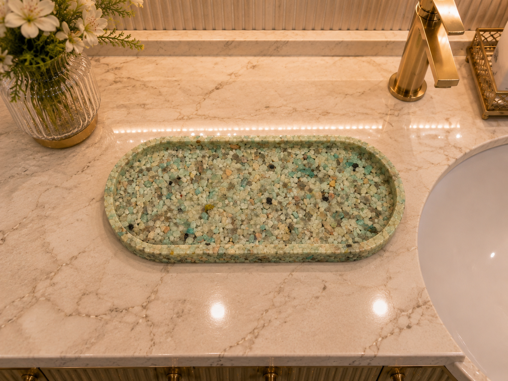 Bandeja De Pedra Trio Para Lavabo Decorativa Grande Premium Verde Tifany