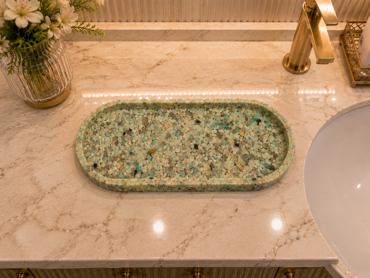 Bandeja De Pedra Trio Para Lavabo Decorativa Grande Premium Verde Tifany