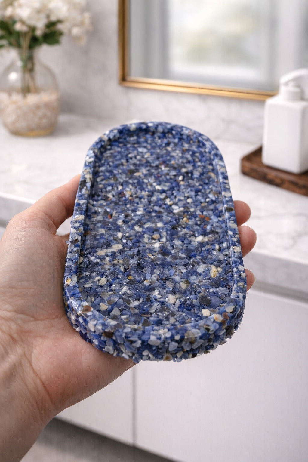 Bandeja De Pedra Para Lavabo Decorativa Oval Cor Azul Sodalita