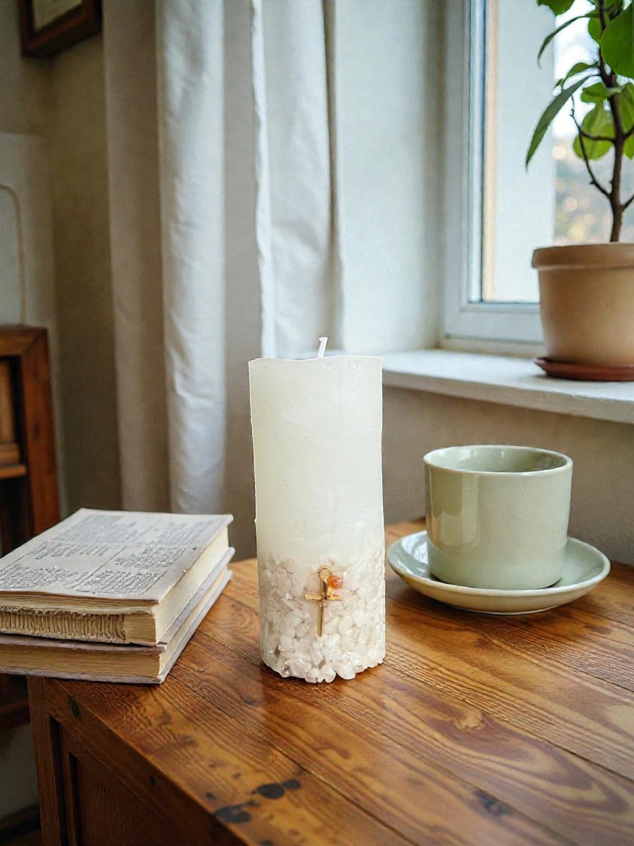 Vela Aromática Perfumada Poder Das Pedras em Quartzo Branco