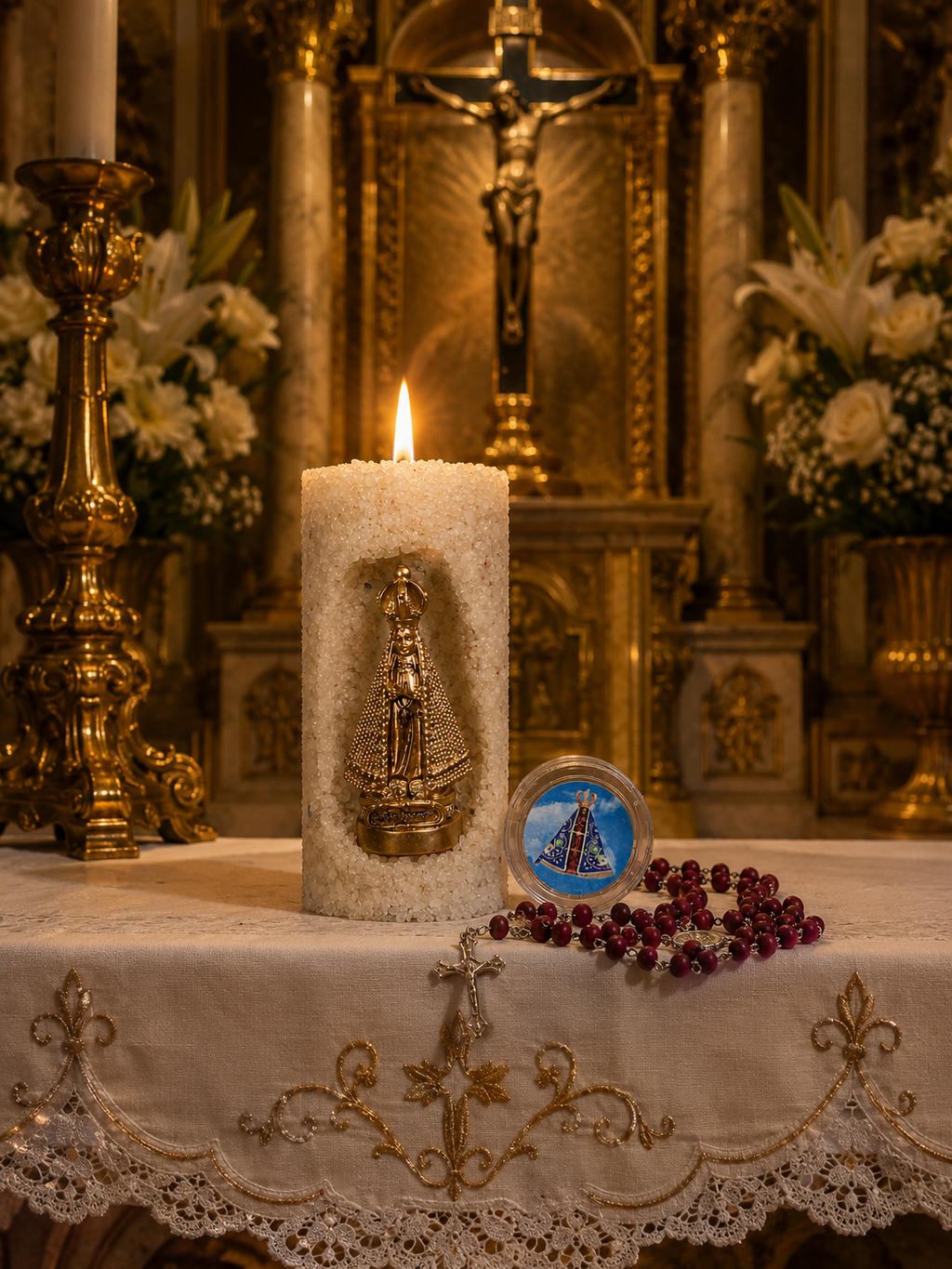 Vela Aromática Religiosa Nossa Senhora Aparecida em Quartzo Branco Com Brinde  de Rosário
