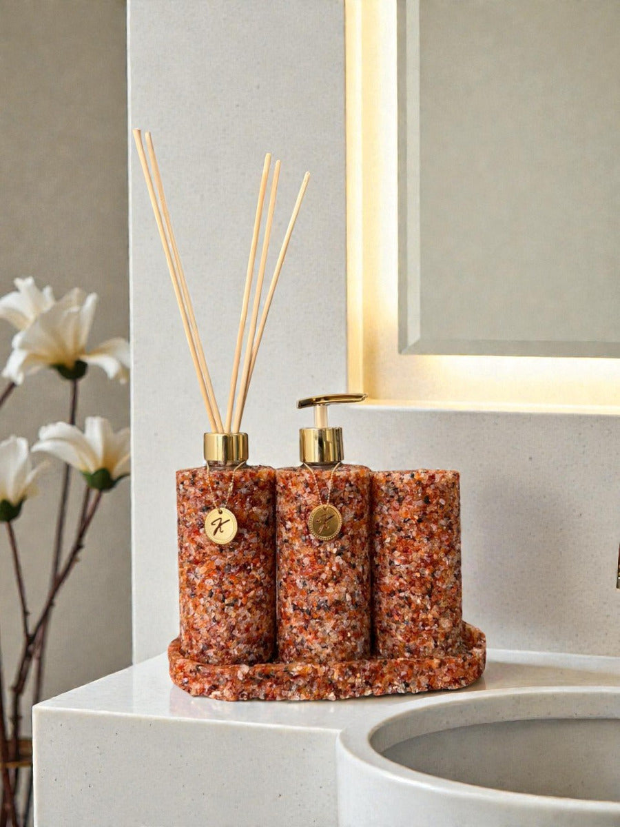 Kit Trio Aromatizador, Saboneteira, Porta Escova e Bandeja Em Pedra Quartzo Ágata Vermelha