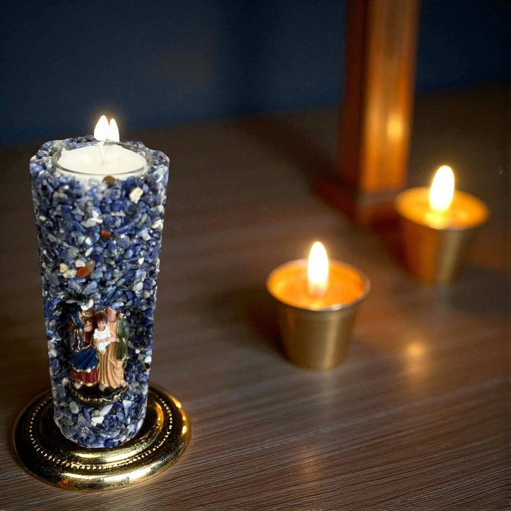 Vela Artesanal Aromática Religiosa Sagrada Família Decorada Azul Floral