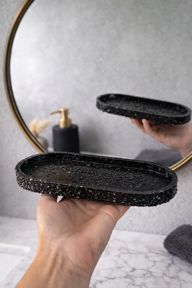 Bandeja De Pedra Trio Para Lavabo Decorativa Oval Grande Cor Pedra Negra