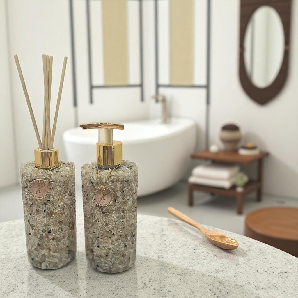 Kit Vidro Aromatizador E Saboneteira Banheiro Quartzo Fosco