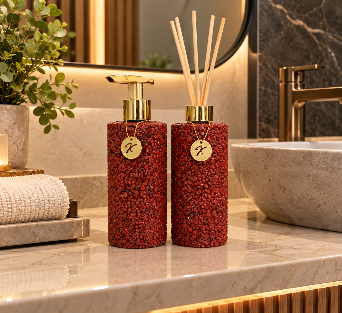 Kit Aromatizador E Saboneteira Luxo em Quartzo Vermelho Africano