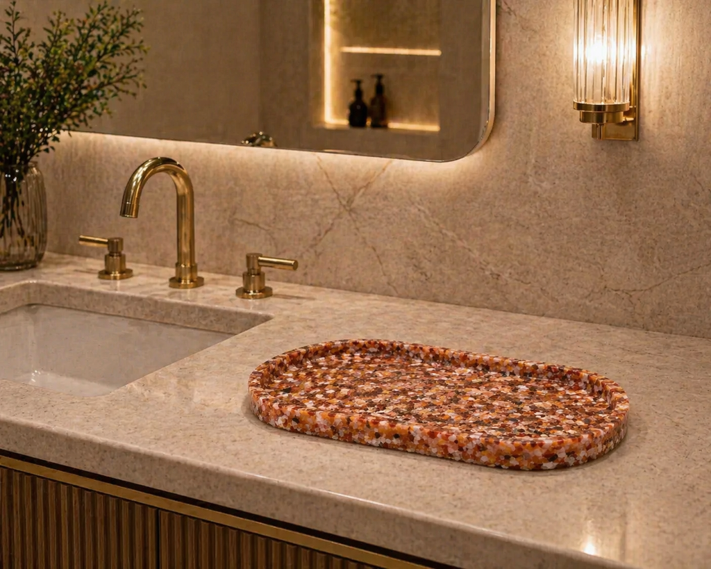 Bandeja De Pedra Trio Para Lavabo Decorativa Oval Grande Cor Ágata Vermelha