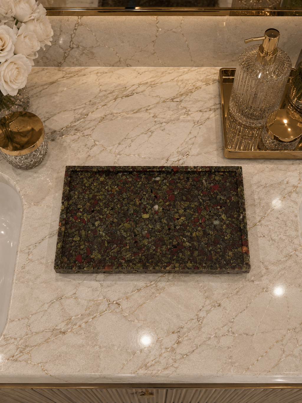 Bandeja De Pedra Para Lavabo Decorativa Quadrada Premium Olho de Dragão