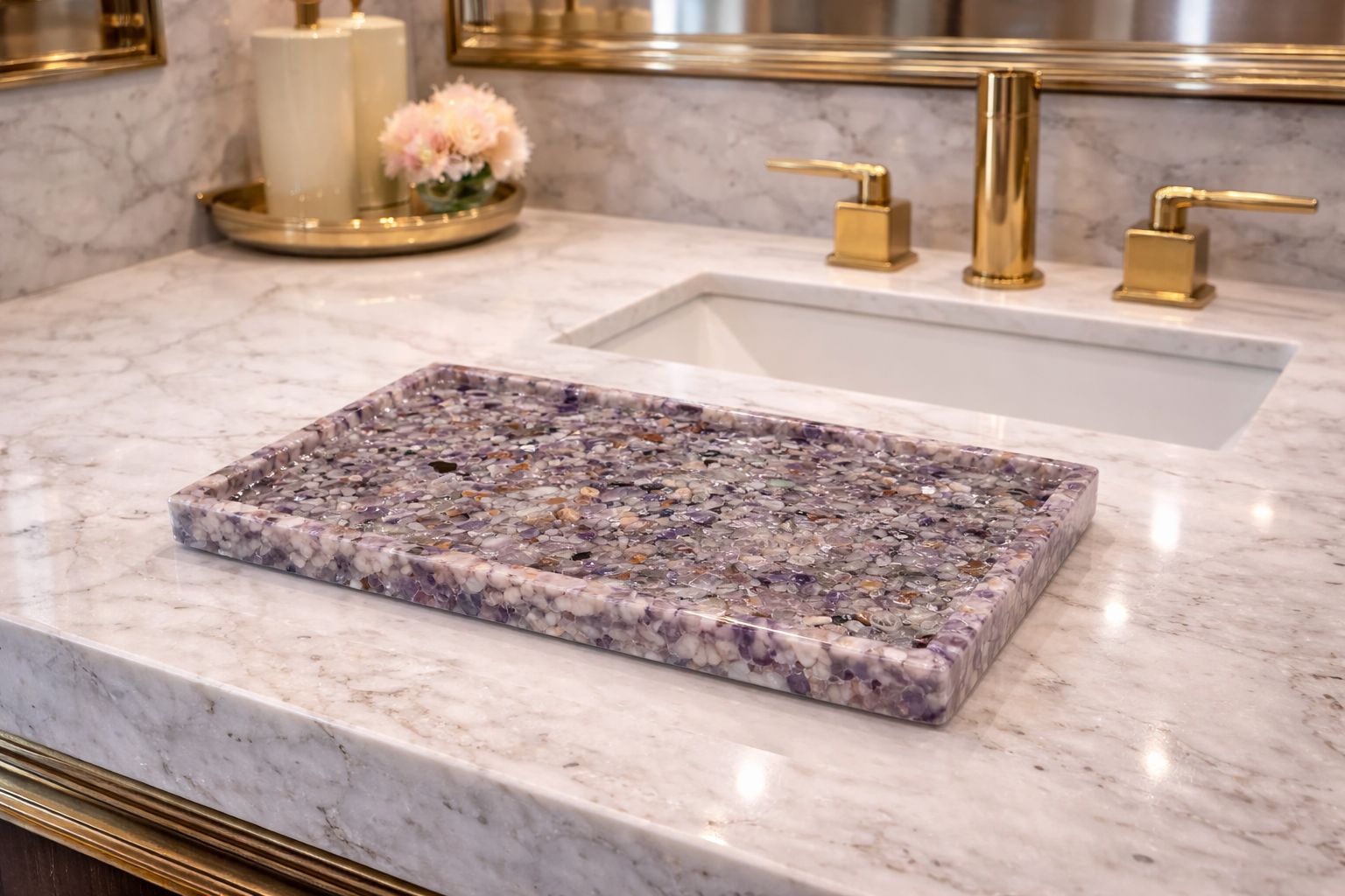 Bandeja De Pedra Para Lavabo Decorativa Quadrada Premium Cor Ametista