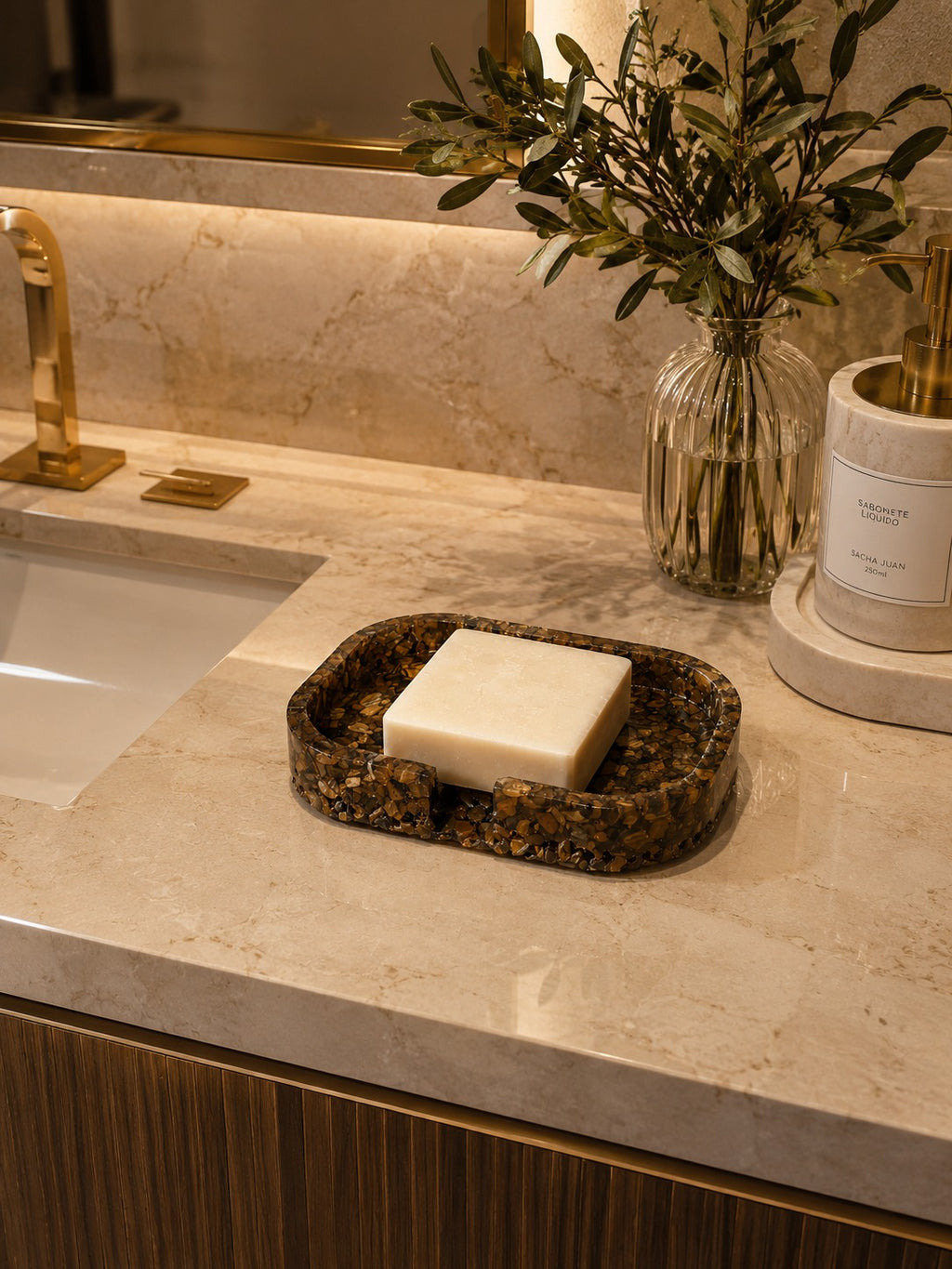Porta Sabonete Saboneteira Quadrado Lavabo Cor Olho de Tigre