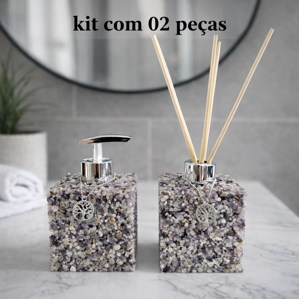 Kit Aromatizador e Saboneteira Quadrado em Quartzo Premiu Ametista-200 ml