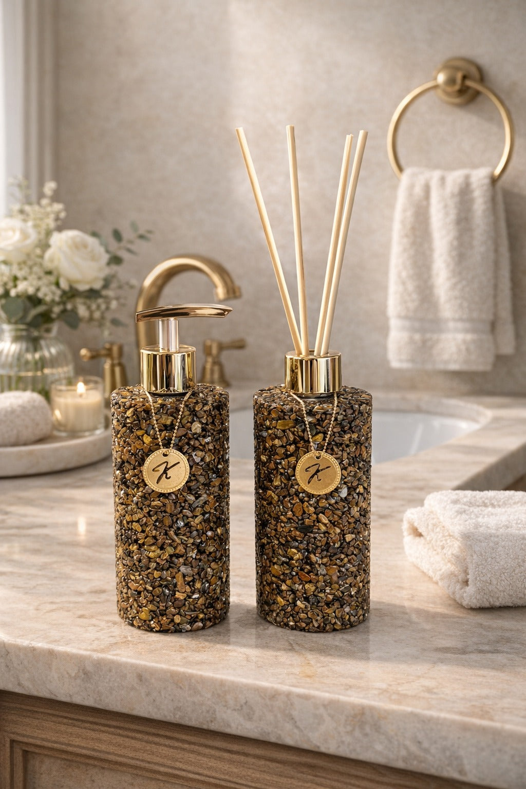 Kit Vidro Aromatizador Saboneteira Luxo Cor Olho de Tigre