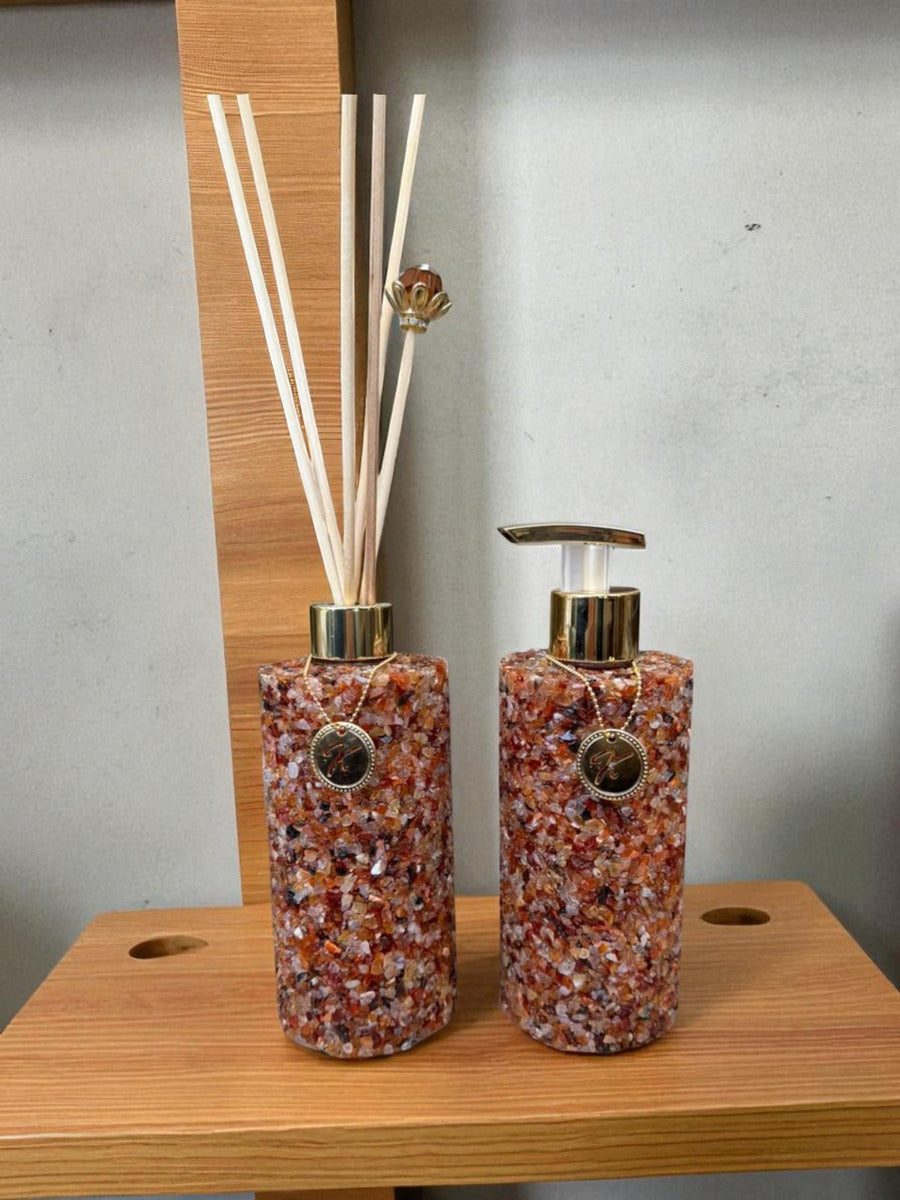 Kit Vidro Aromatizador E Saboneteira Com Bandeja Quartzo - Ágata Vermelha