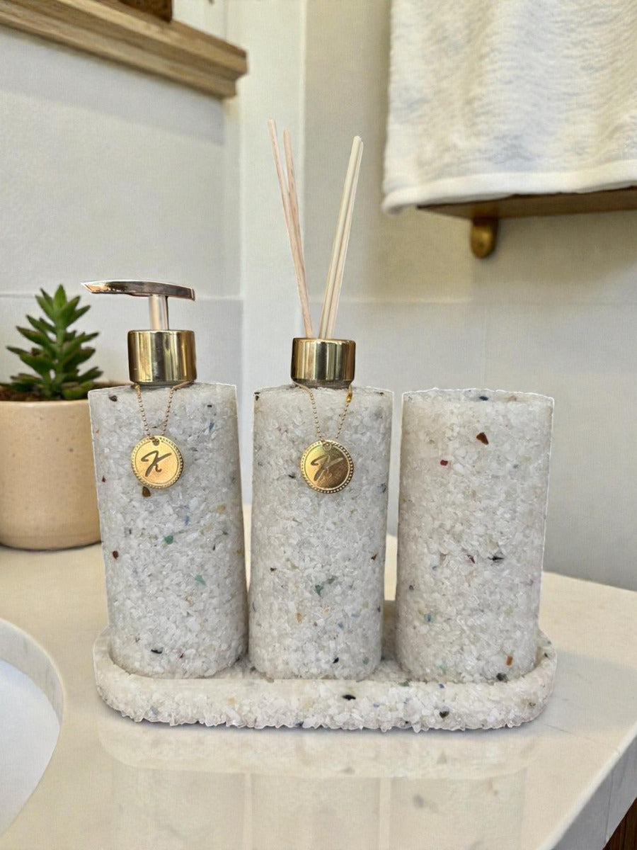 Kit Trio Arom, Sabon, Porta Escova, Bandeja Em Pedra Quartzo Branco