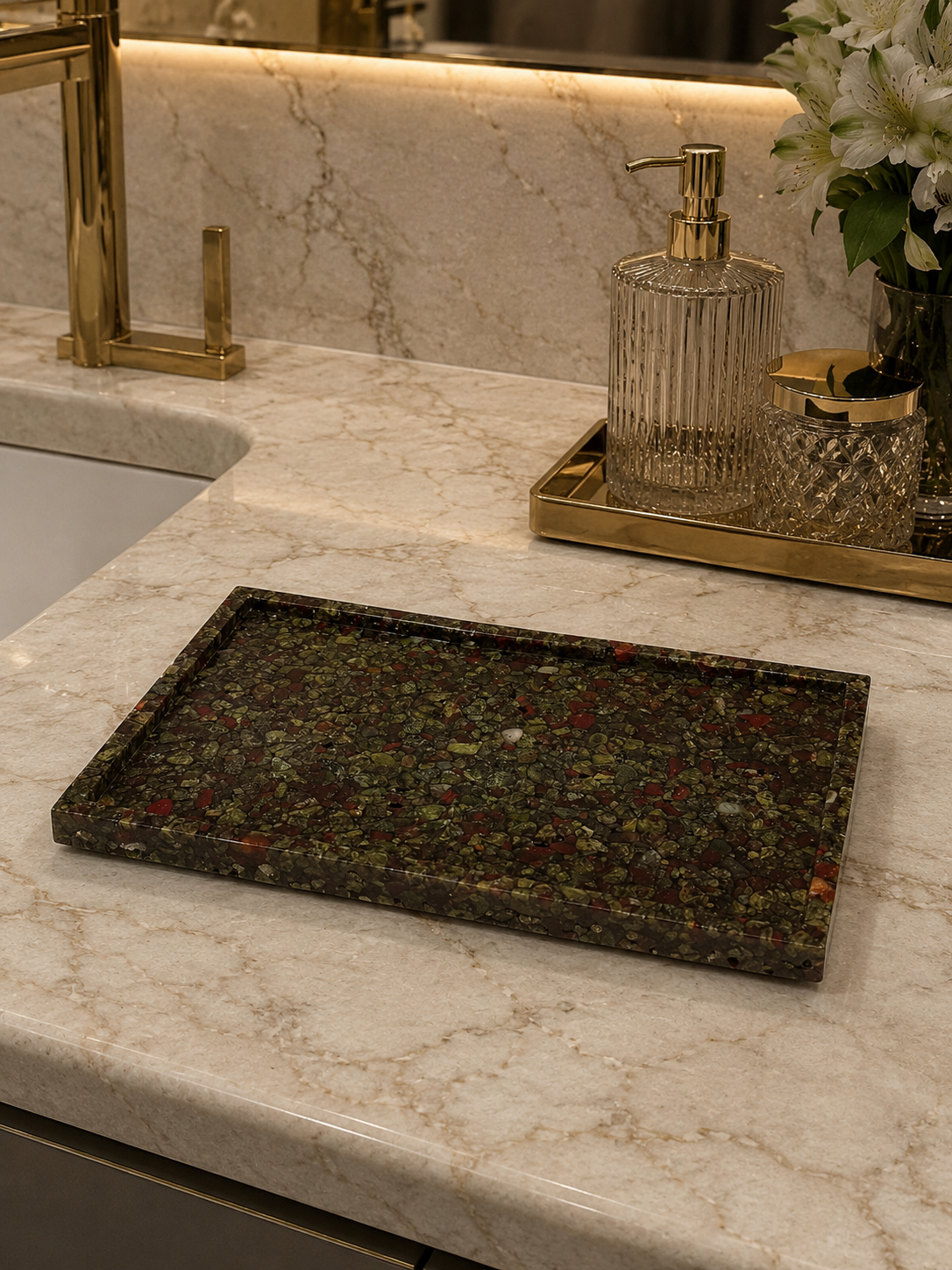 Bandeja De Pedra Para Lavabo Decorativa Quadrada Premium Olho de Dragão