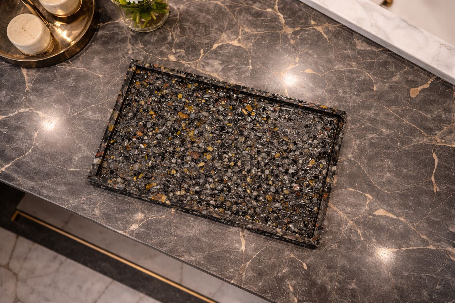 Bandeja De Pedra Para Lavabo Decorativa Quadrada Premium Ágata Negra