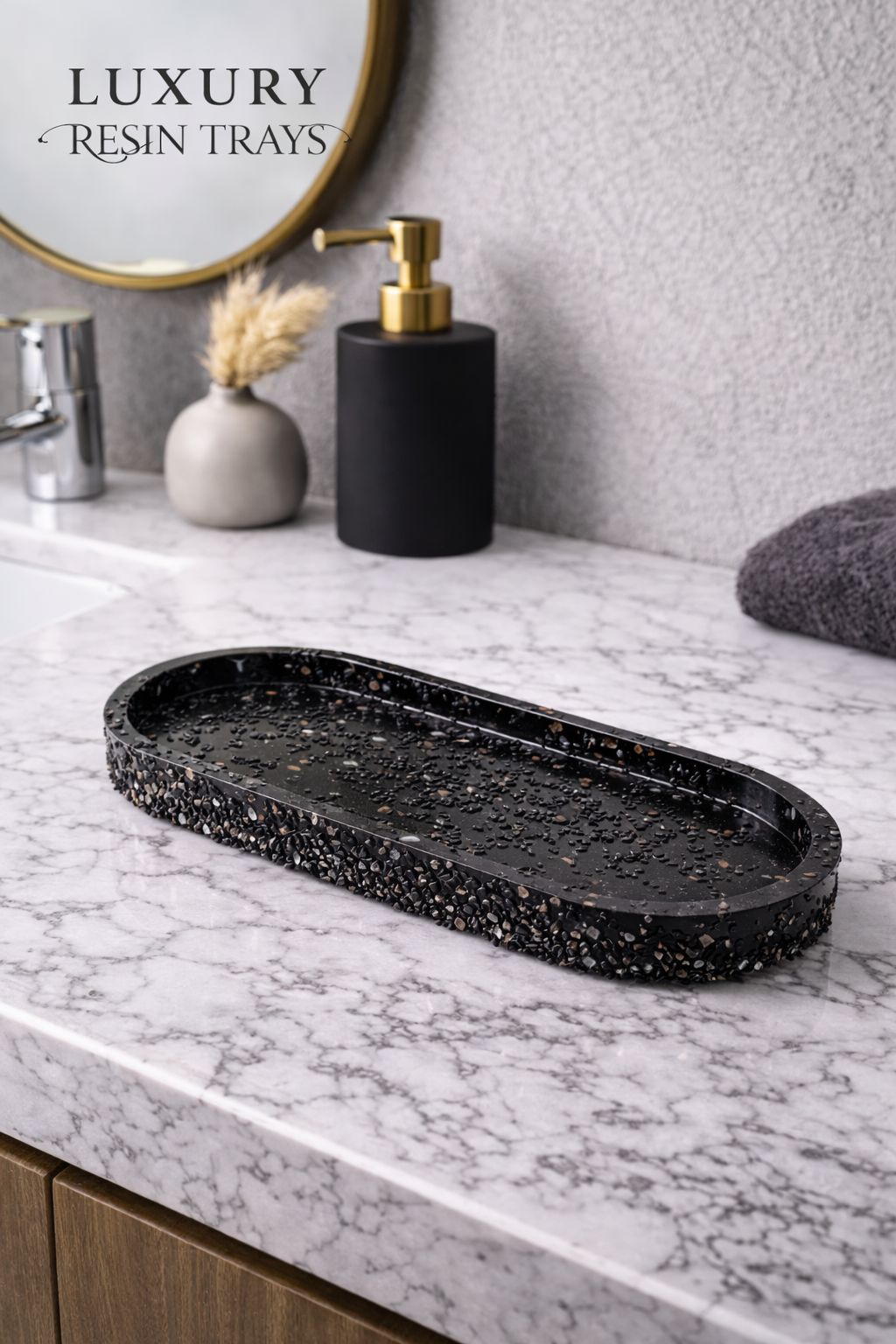 Bandeja De Pedra Trio Para Lavabo Decorativa Oval Grande Cor Pedra Negra