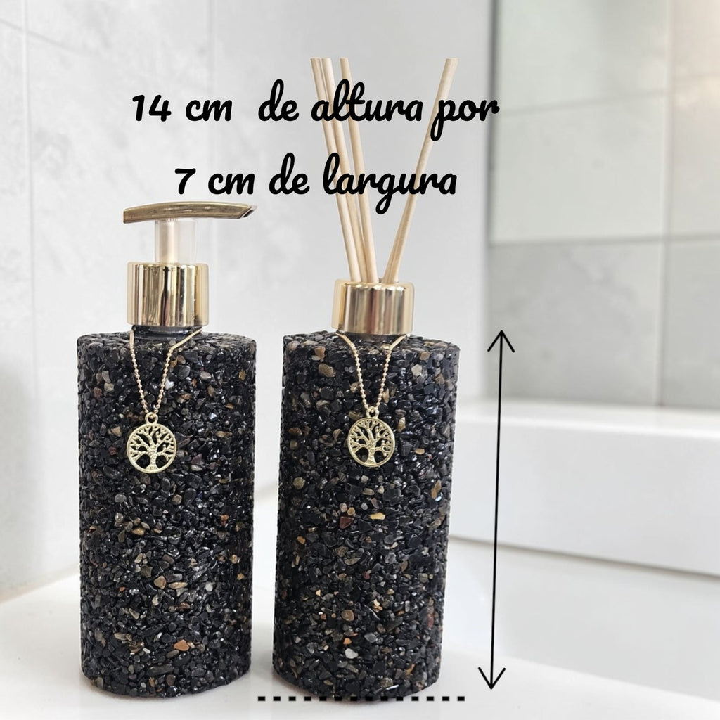 Kit Aromatizador E Saboneteira Pedras Quartzo Premium Ágata Preta - 250 ml