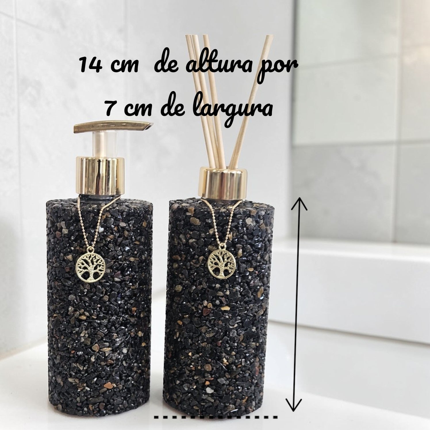 Kit Aromatizador E Saboneteira Pedras Quartzo Premium Ágata Preta - 250 ml